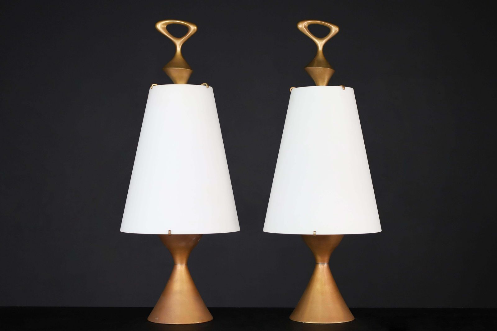 Max Ingrand For Fontana Arte Pair Of Two Patinated Brass Table Lamps Italy 1956 photo furniture