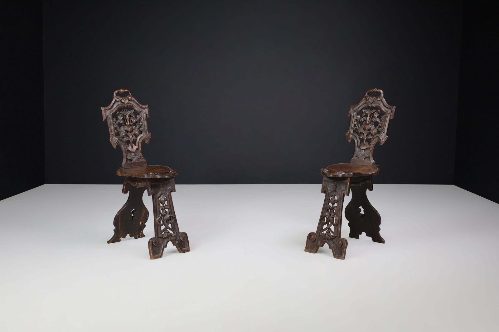 Antique Pair Of Figural Heavily Carved Oak Sgabello Chairs Italy photo furniture