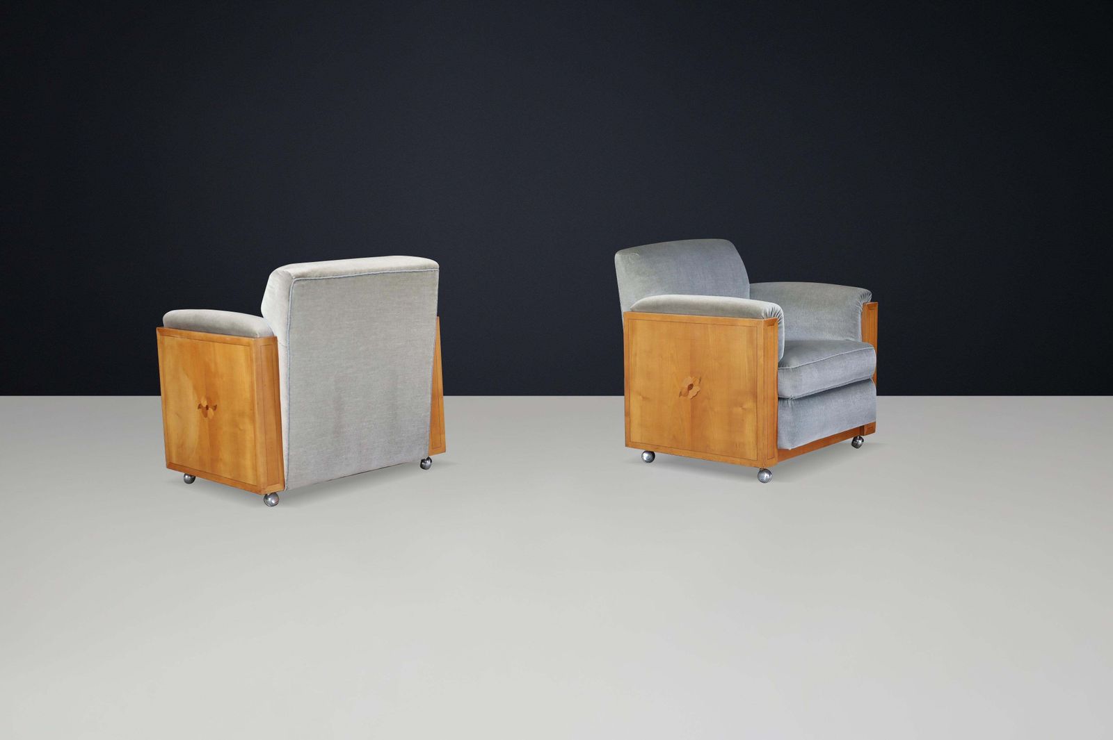 Pair Of Dutch Art Deco Armchairs With Inlay Motif In Oak And Velvet, 1930s photo for sale