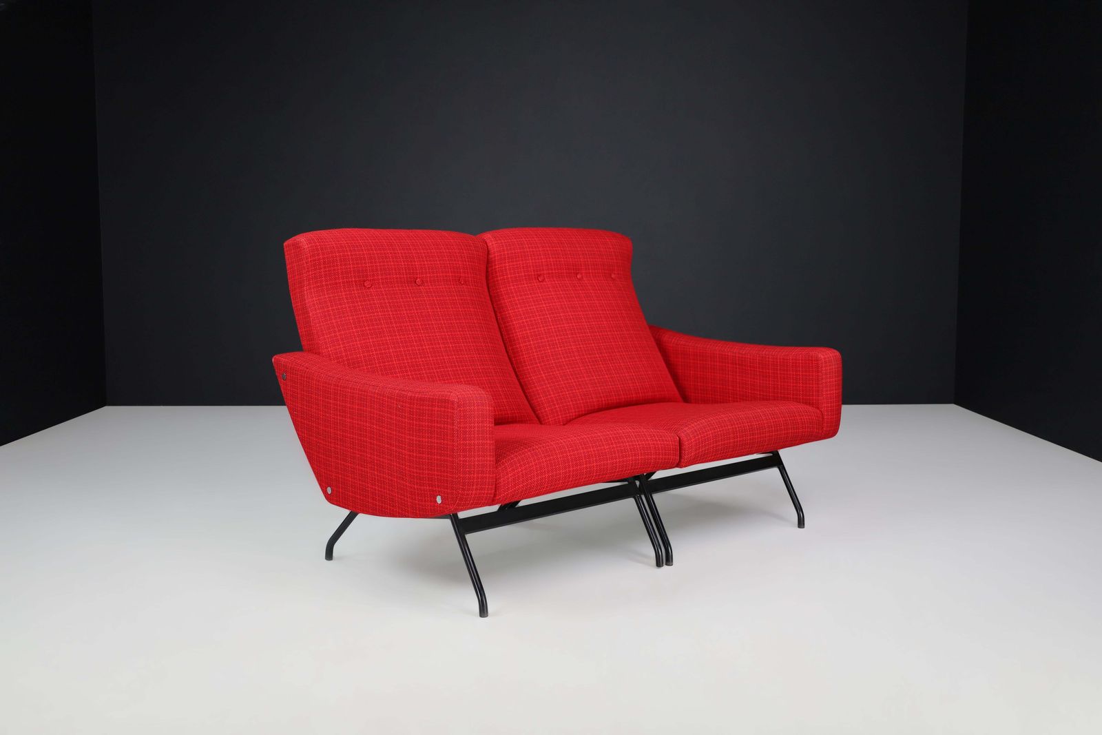 Joseph André Motte Sectional Sofa Two Seat Red Original Upholstery France, 1950 photo for sale