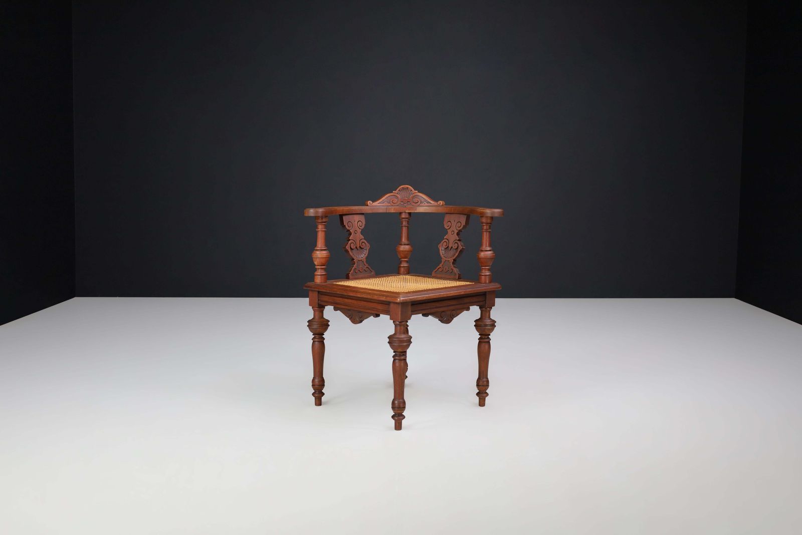 Antique German Corner Chair, Circa 1880 – Hand Carved Walnut With Cane Seat photo furniture