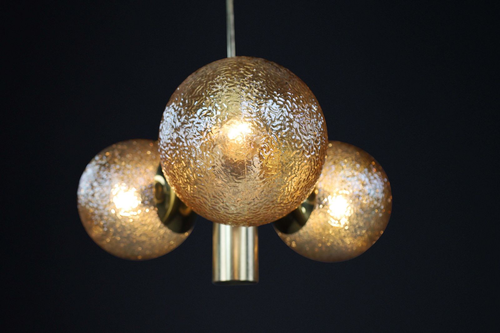 Patinated Brass Sputnik Chandelier With 3 Gold Colored Globes, Germany 1960s photo for sale