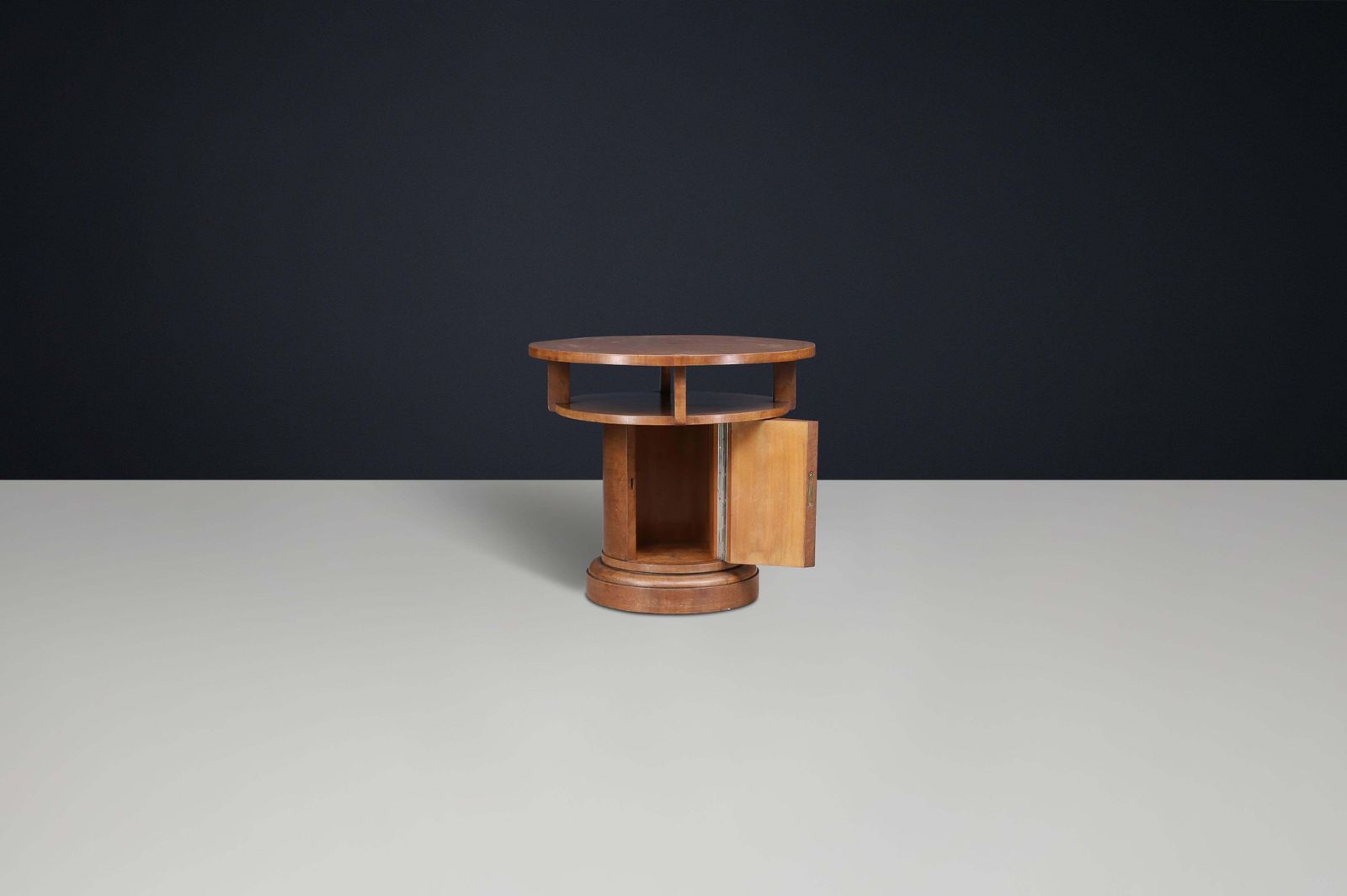1930s Czechoslovak Art Deco Round Birch Pedestal Table With Storage. photo Furniture