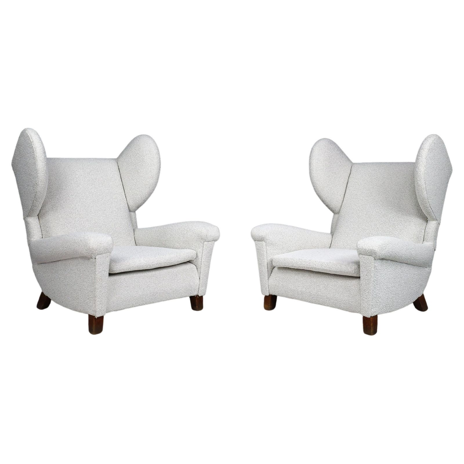 Large Monumental Midcentury Wingback Armchairs In Re Upholstered Bouclé Fabric
