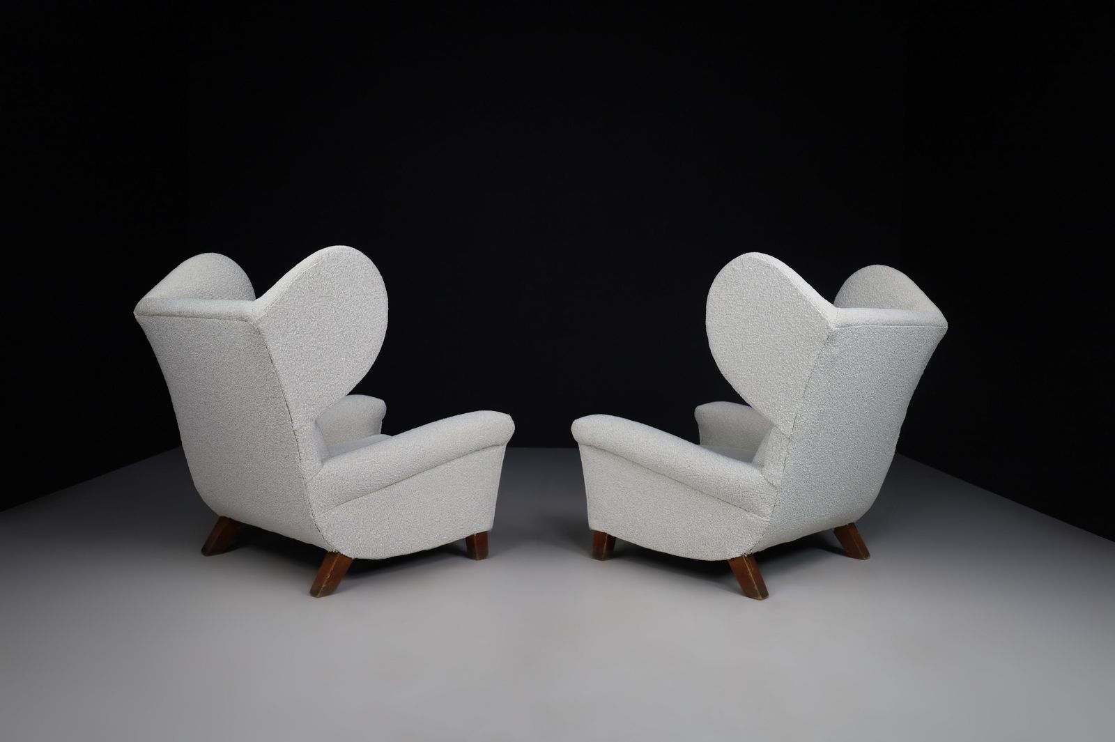 Large Monumental Midcentury Wingback Armchairs In Re Upholstered Bouclé Fabric photo for sale