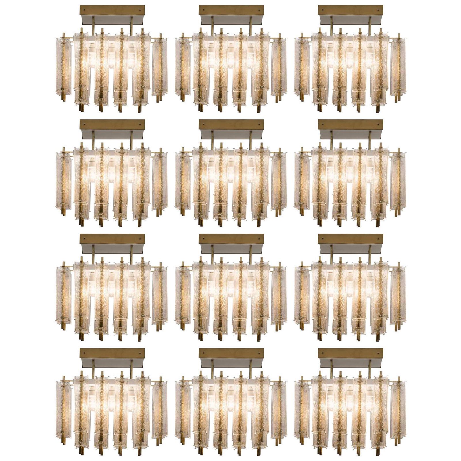 1 Of 9 Large Midcentury Chandelier With Structured Glass And Brass Frame, 1960s