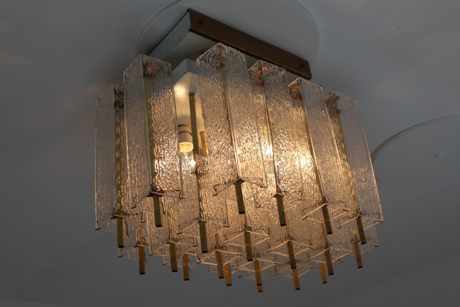 1 Of 9 Large Midcentury Chandelier With Structured Glass And Brass Frame, 1960s photo buy