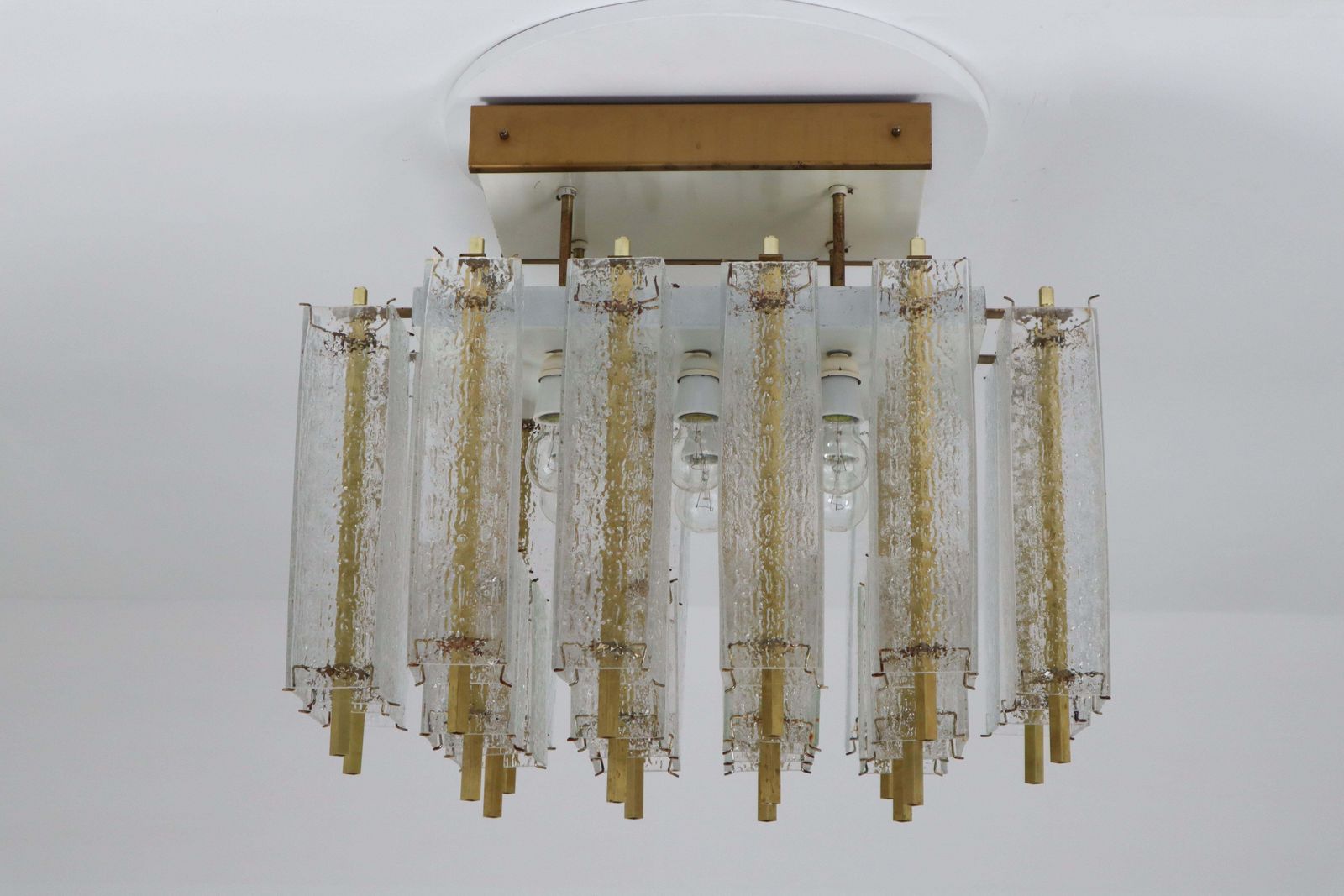Lighting 1 Of 9 Large Midcentury Chandelier With Structured Glass And Brass Frame, 1960s photo