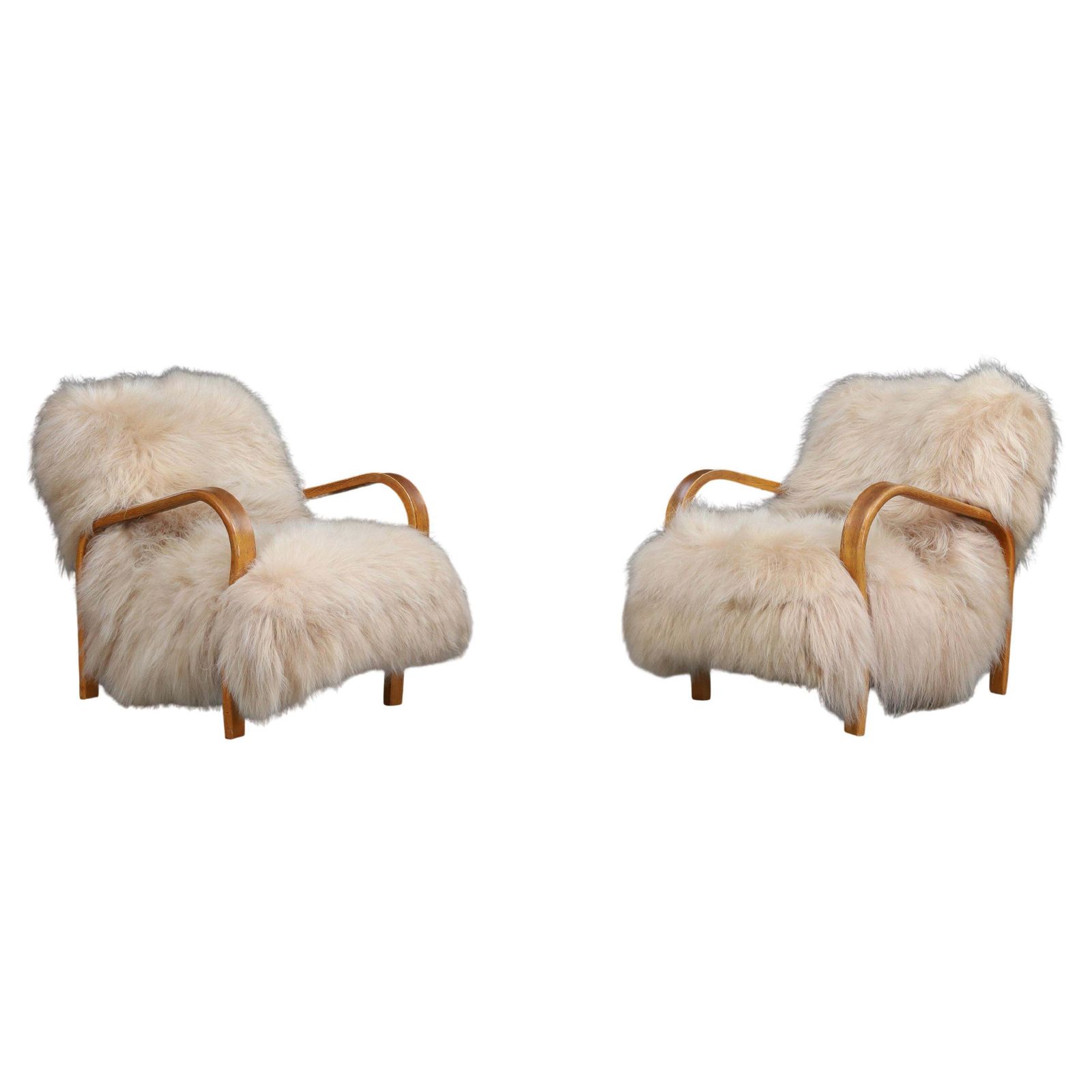 Patinated Bentwood Lounge Chairs By Kozelka & Kropáček In Long Haired Icelandic.