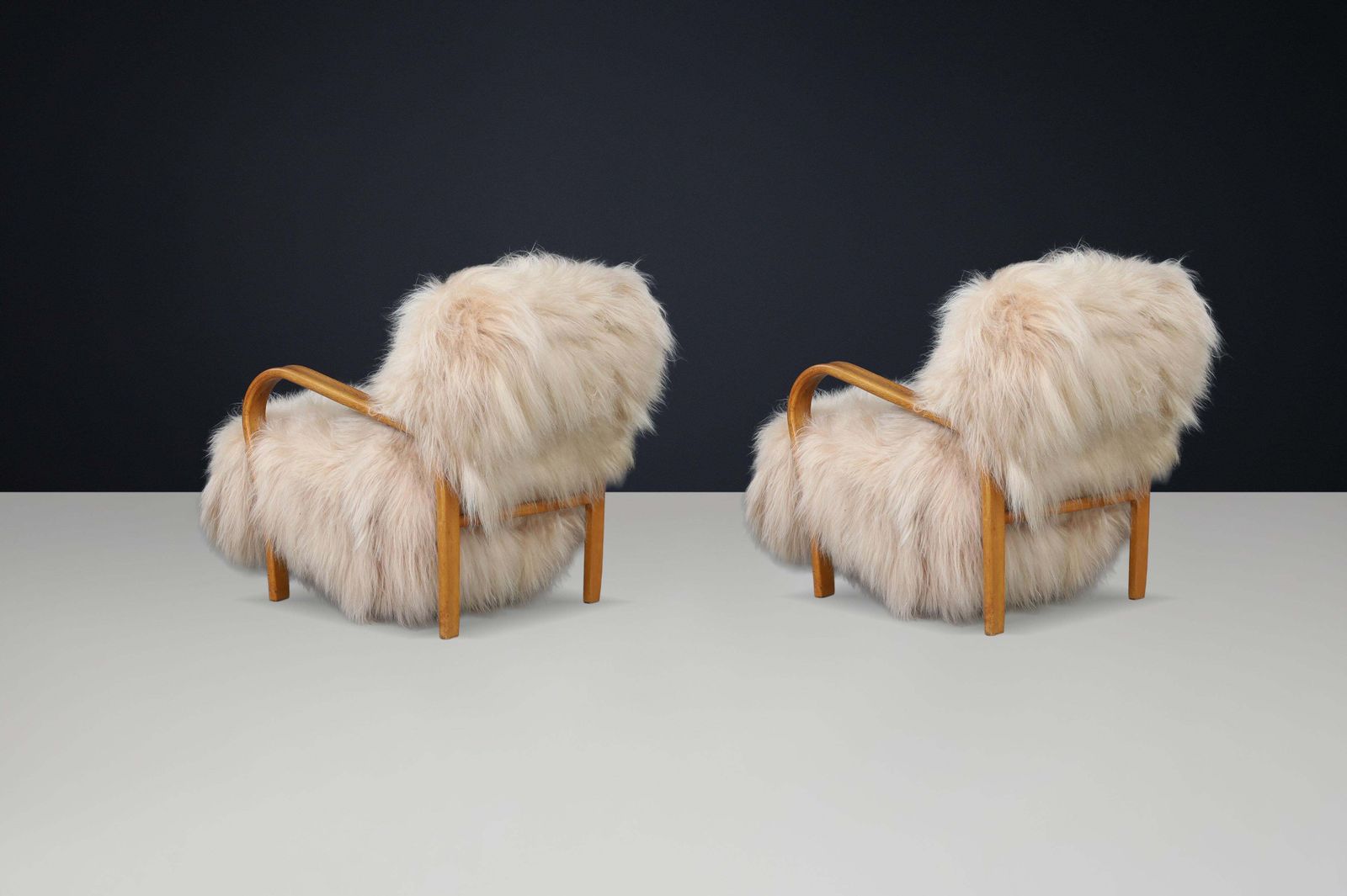 Patinated Bentwood Lounge Chairs By Kozelka & Kropáček In Long Haired Icelandic. photo vintage