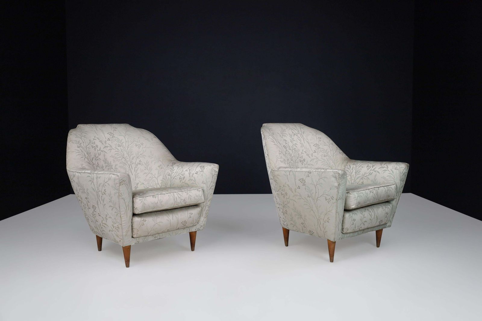 Mid Century Armchairs In Fabric And Tapered Wooden Legs, Italy 1950s photo for sale
