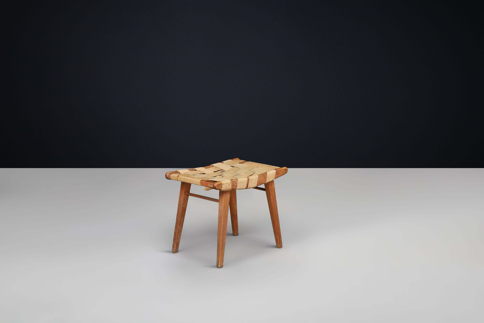 Mid Century Stool With Woven Jute Seat And Patinated Beech Wood Frame, France photo Furniture