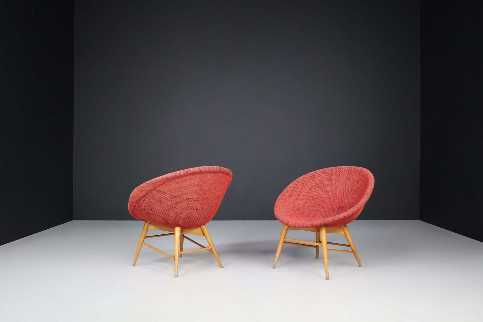 Miroslav Navratil Basket Chairs In Original Red Fabric, 1960 photo vintage
