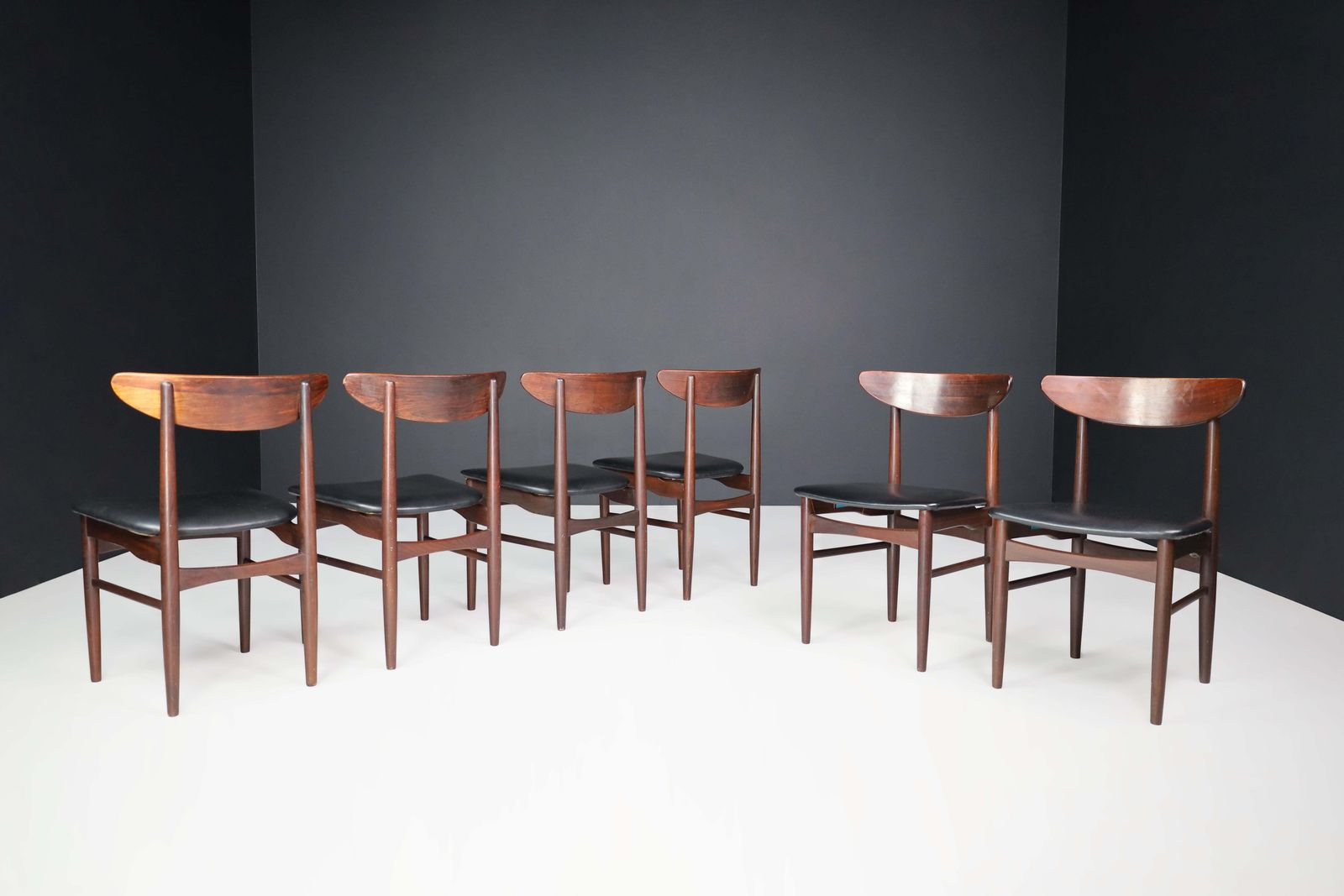photo furniture Dyrlund Hardwood And Black Leather Dining Chairs, Denmark, 1960s