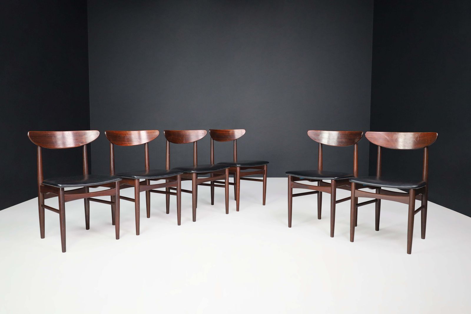 photo for sale Dyrlund Hardwood And Black Leather Dining Chairs, Denmark, 1960s