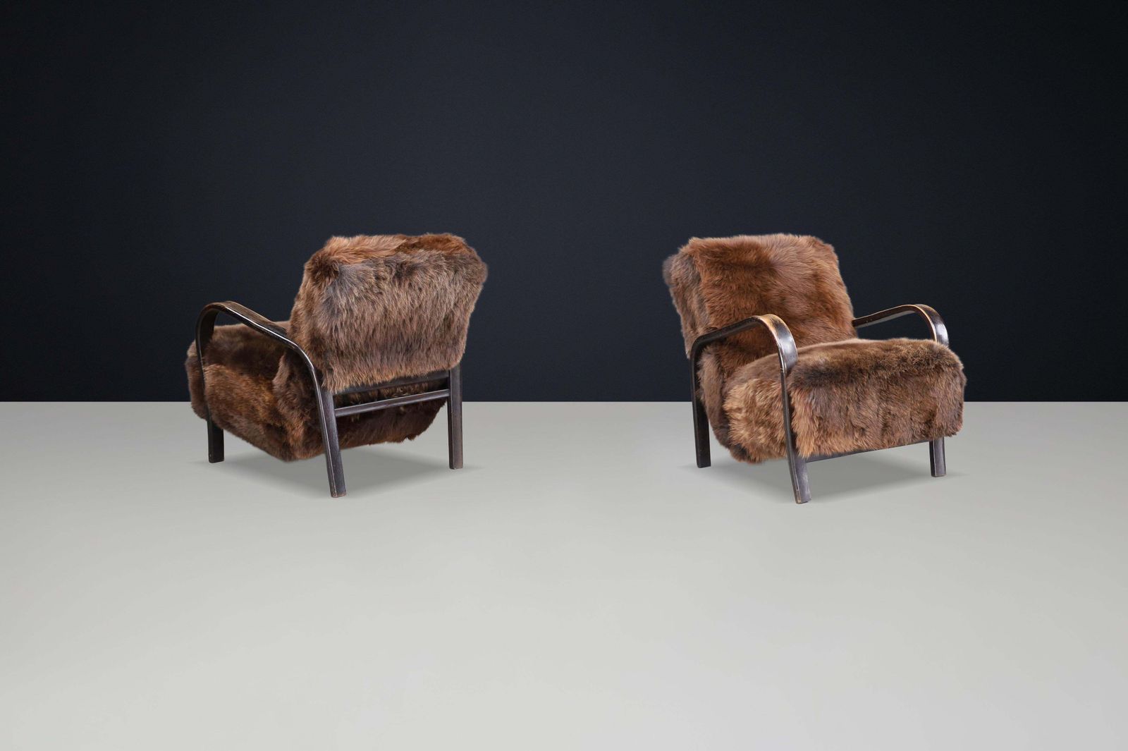 1940s Kozelka & Kropacek Armchairs In Texel Sheepskin & Patinated Bentwood photo Furniture