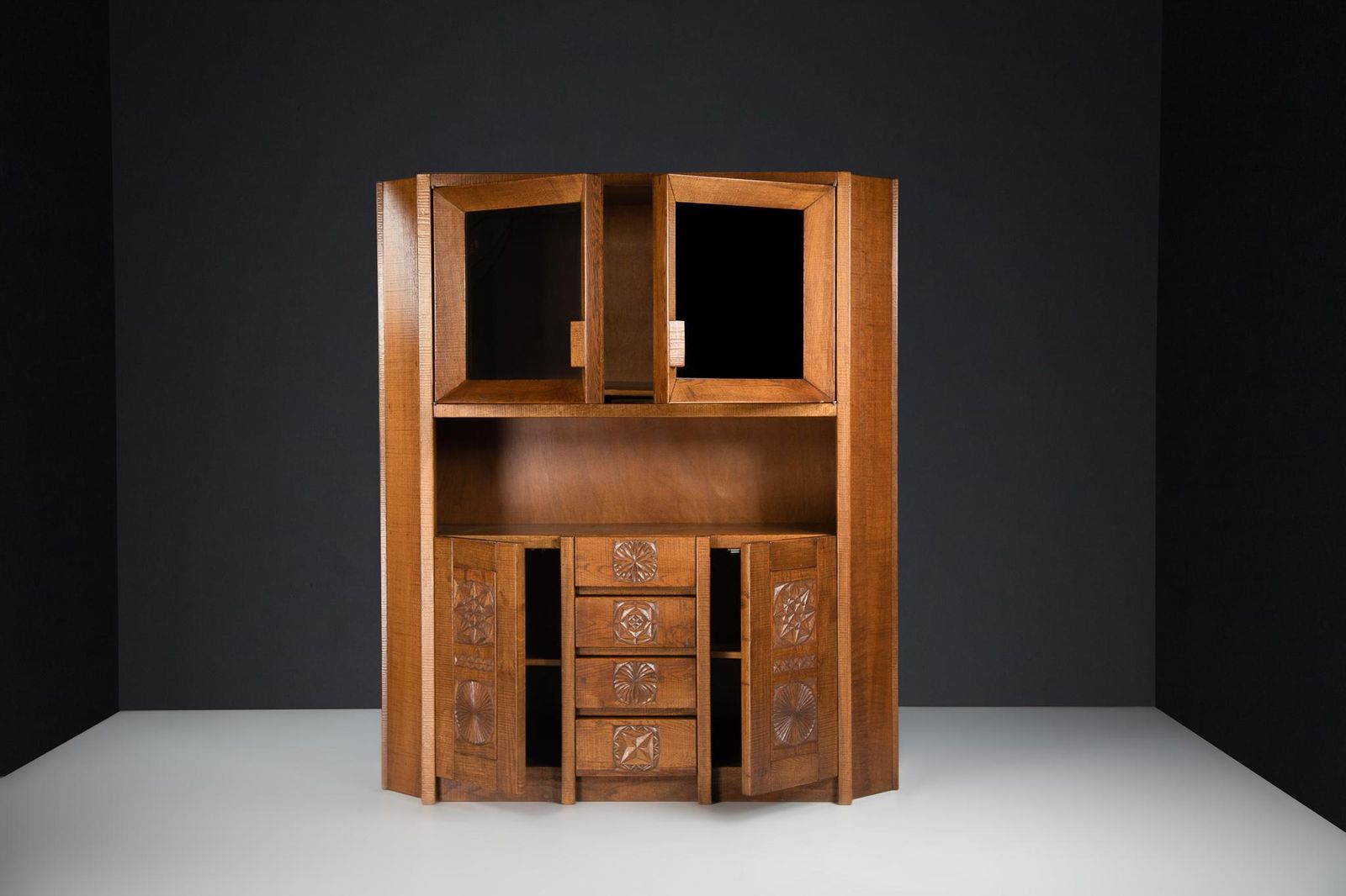 photo furniture Hand Crafted Brutalist Giuseppe Rivadossi Glazed Cabinet In Oak Italy, The 1970s