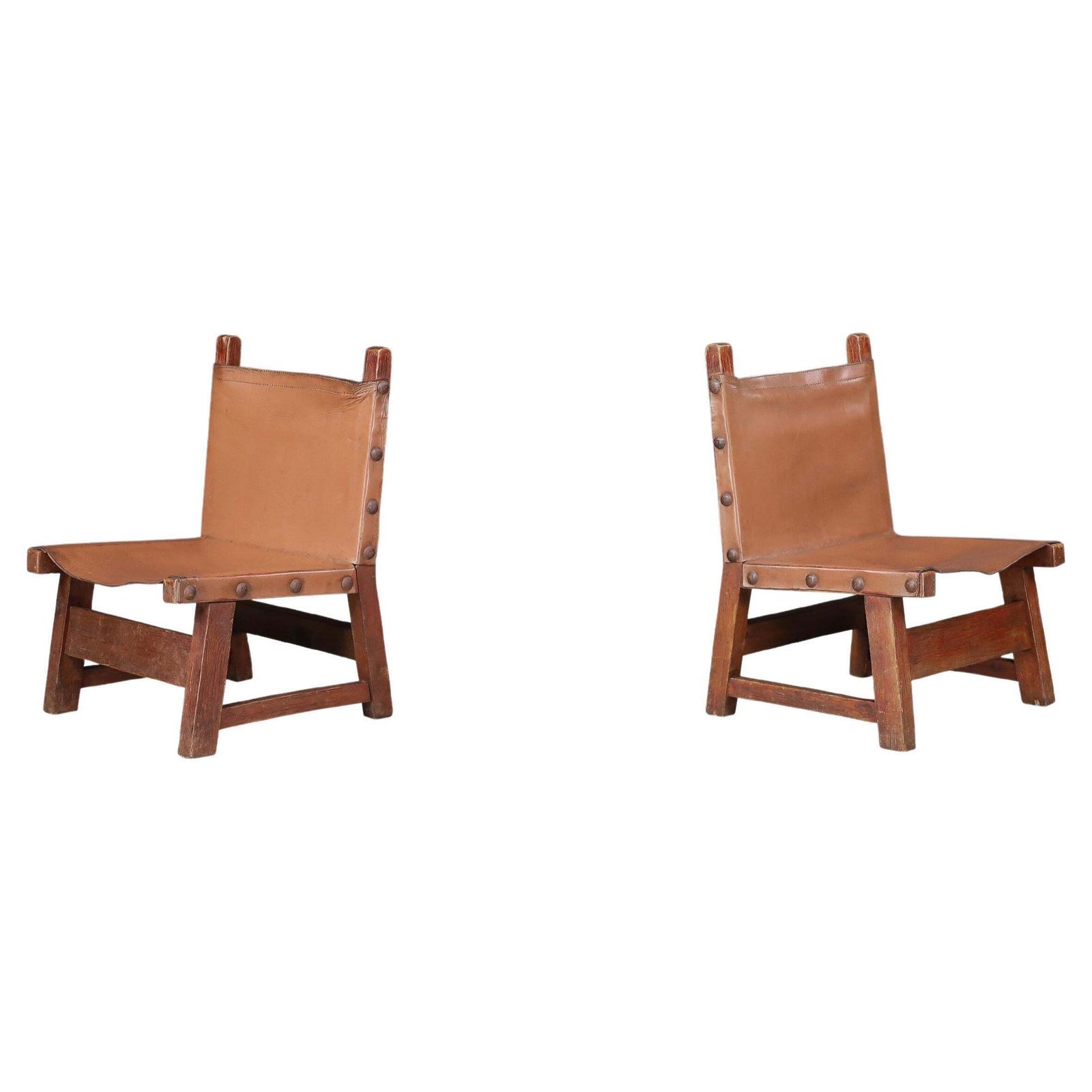 Brutalist Patinated Leather And Wood Easy Chairs, Spain, 1950s