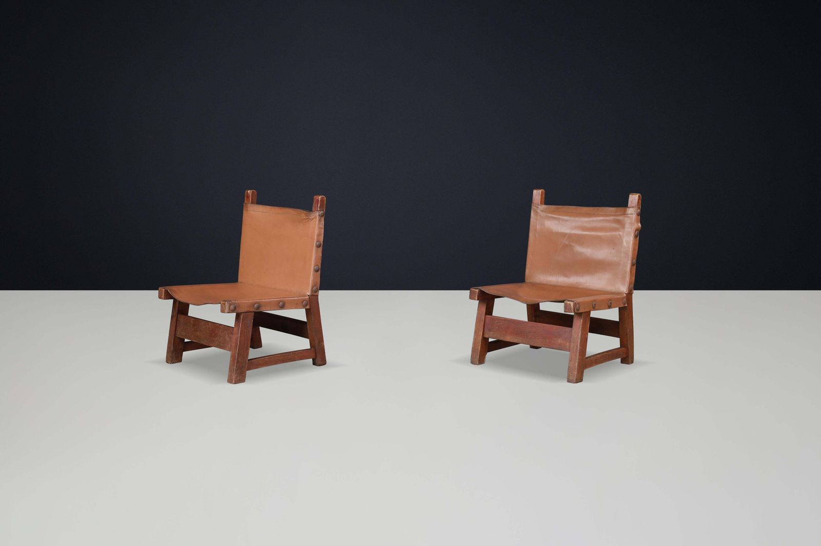 Brutalist Patinated Leather And Wood Easy Chairs, Spain, 1950s photo buy
