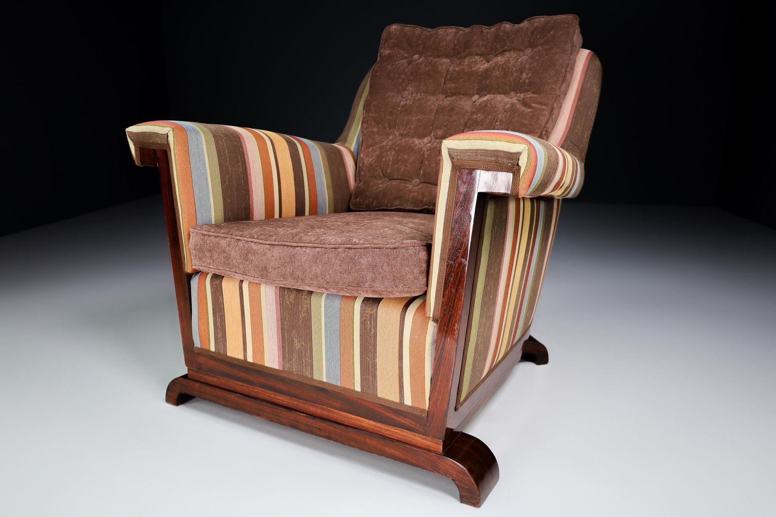 Large Monumental Art Deco Armchair In Walnut And Re Upholstered Fabric, France photo furniture