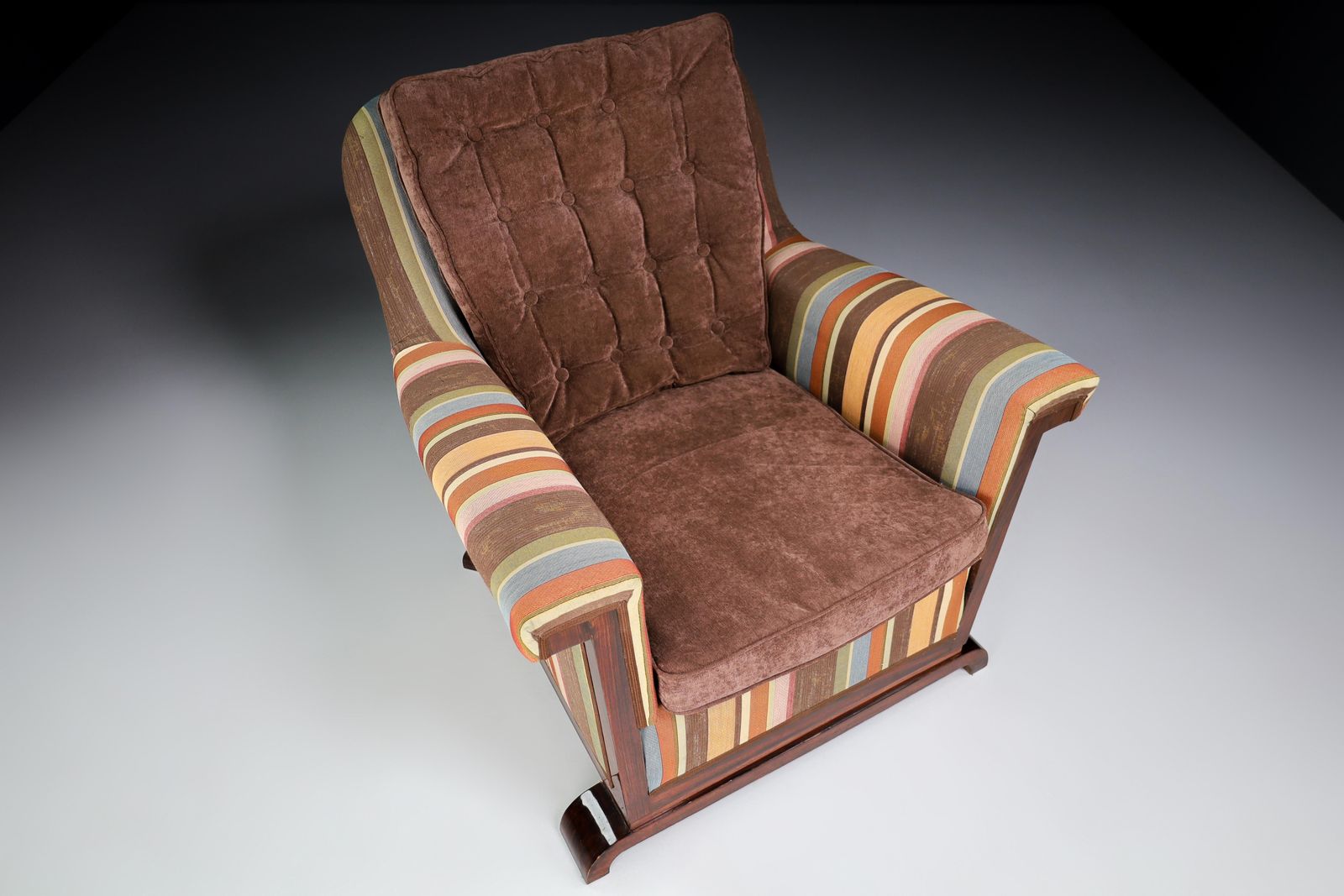 Large Monumental Art Deco Armchair In Walnut And Re Upholstered Fabric, France photo 5582.0