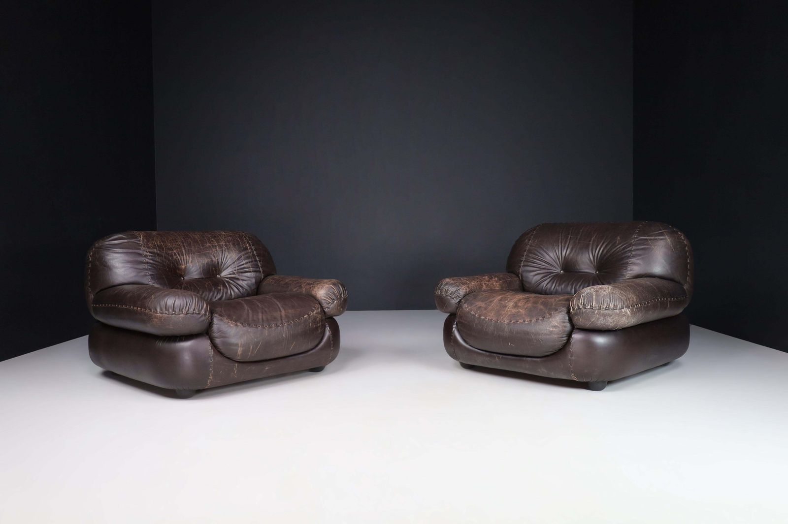 Couple Of Lounge Chairs In Patinated Brown Leather By Sapporo For Mobil Girgi photo furniture