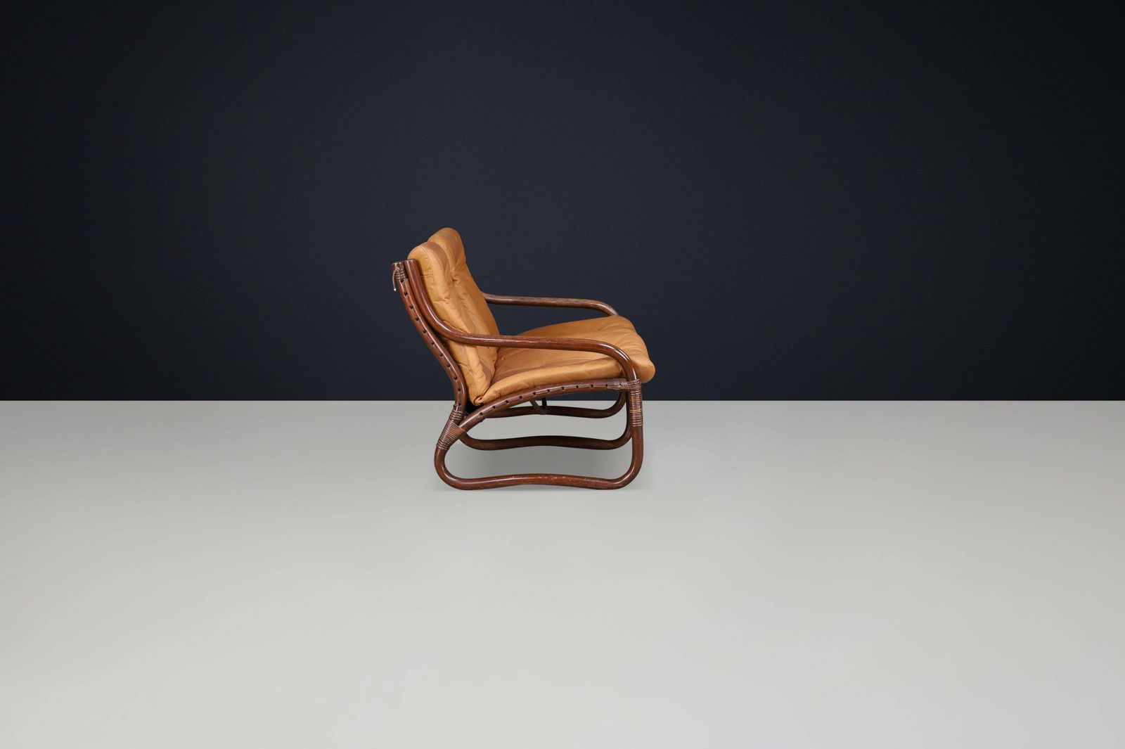 Two Seat “Ecco” Loveseat By Slettvoll In Cognac Leather And Rattan, Norway 1970s photo 2833.0