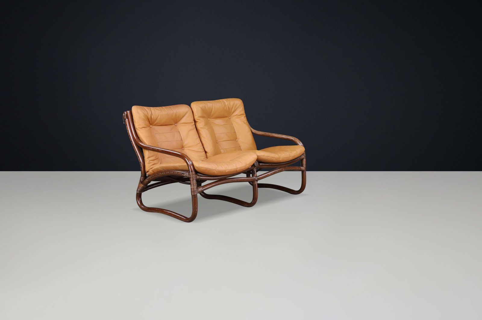 photo for sale Two Seat “Ecco” Loveseat By Slettvoll In Cognac Leather And Rattan, Norway 1970s