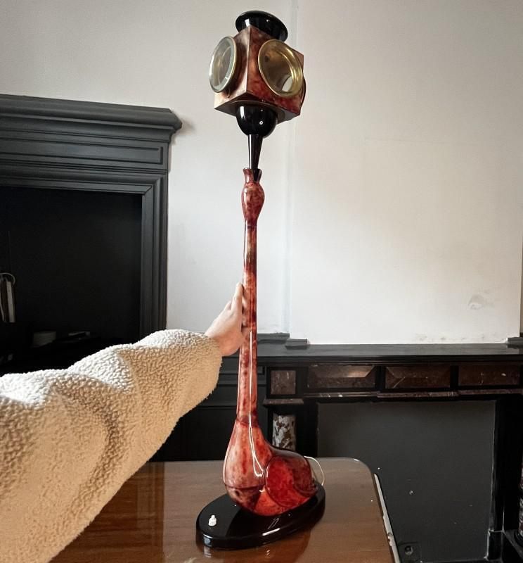 Oiseau Floor Lamp In Lacquered Red Goatskin Parchment From Aldo Tura, Italy, 1950s photo furniture