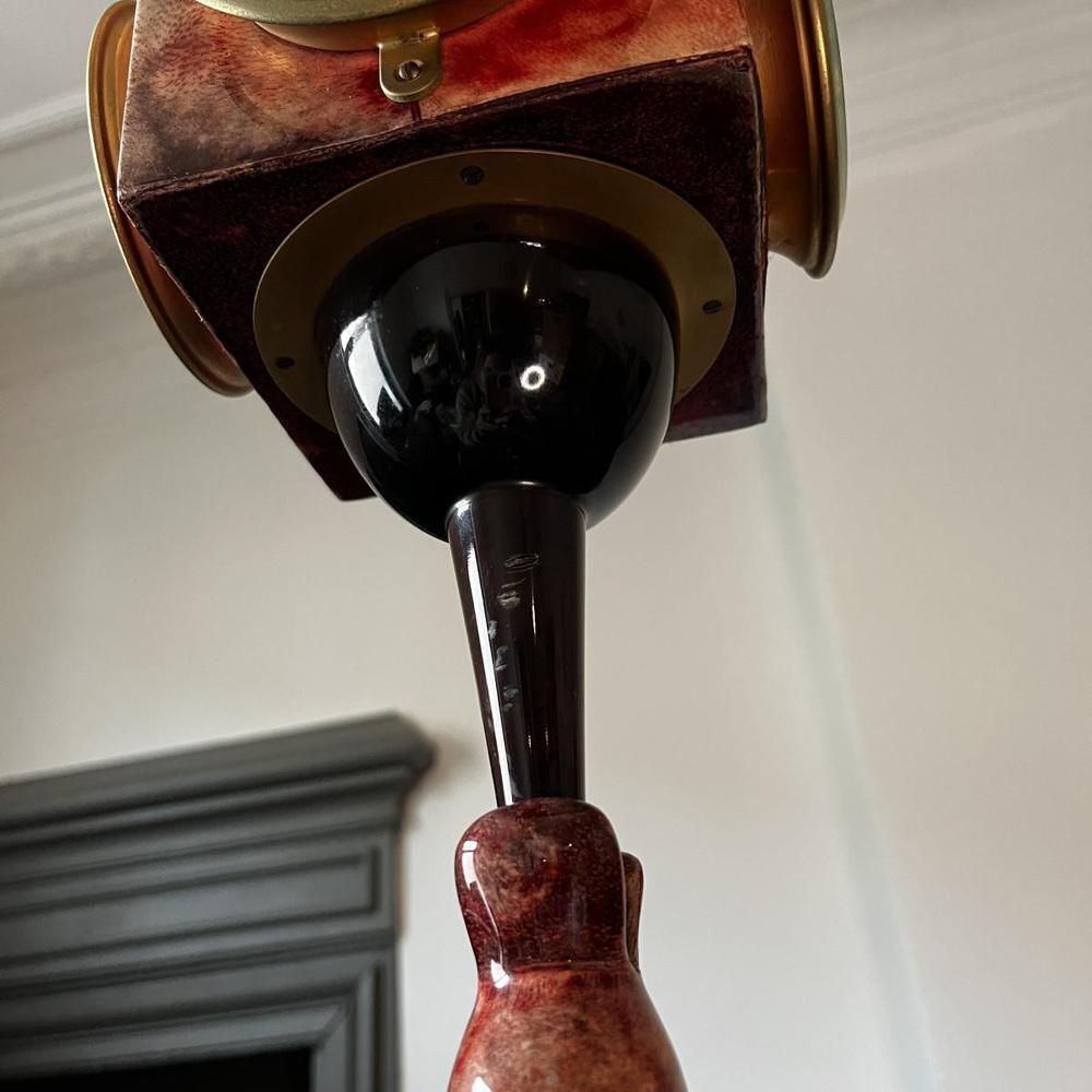 photo buy Oiseau Floor Lamp In Lacquered Red Goatskin Parchment From Aldo Tura, Italy, 1950s