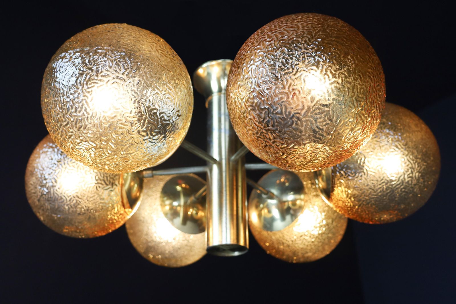Patinated Brass Sputnik Chandelier With Six Gold Colored Globes, Germany 1960s photo for sale