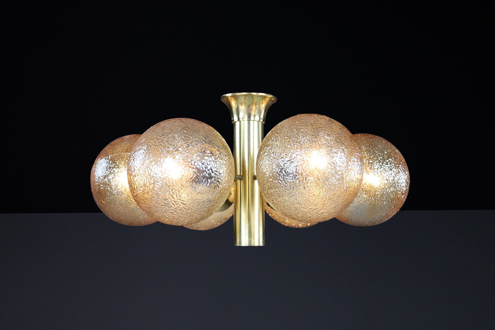 photo furniture Patinated Brass Sputnik Chandelier With Six Gold Colored Globes, Germany 1960s