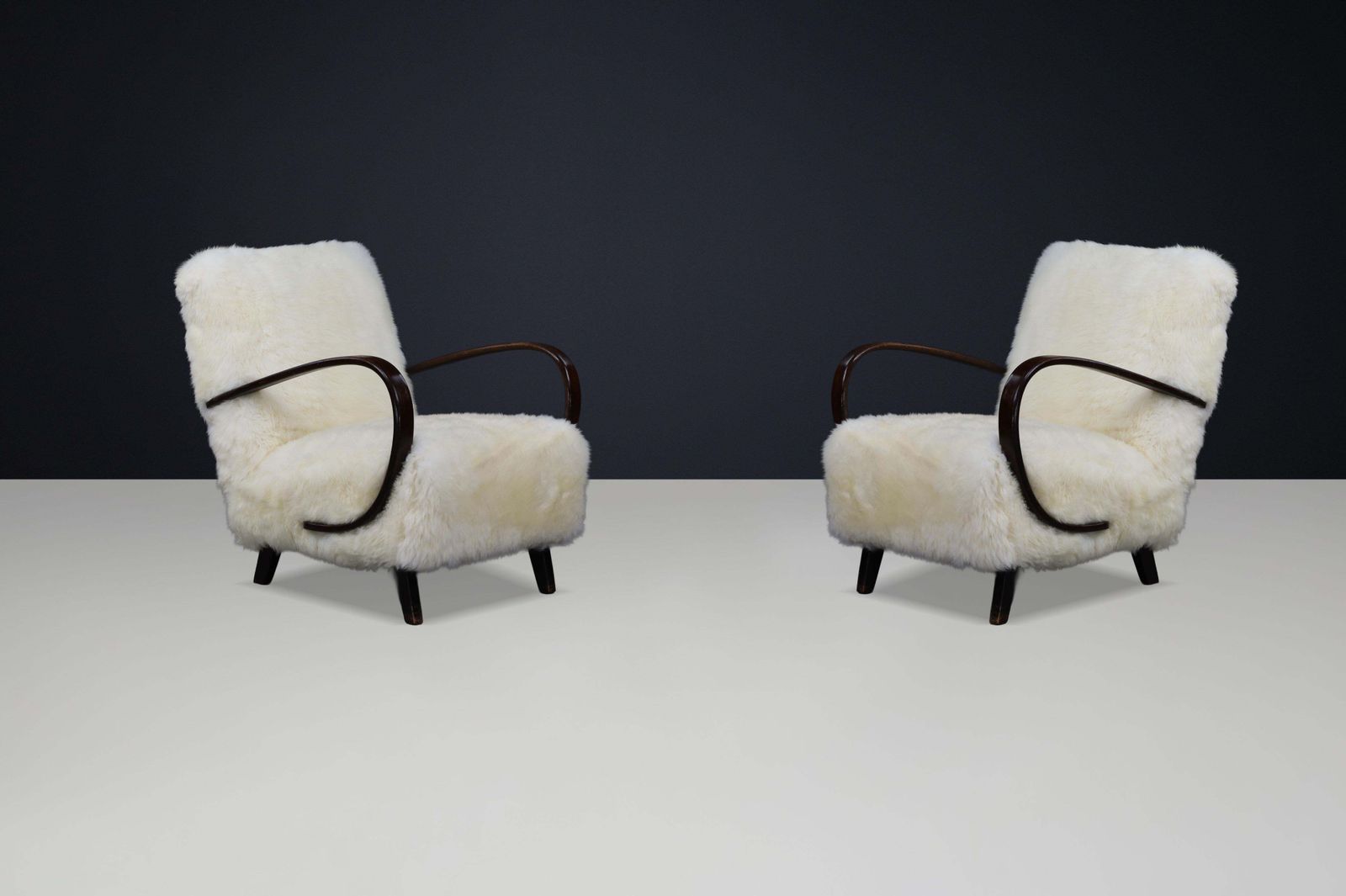 Timeless Pair Of Jindřich Halabala Mid Century Modern Sheepskin Lounge Chairs photo furniture