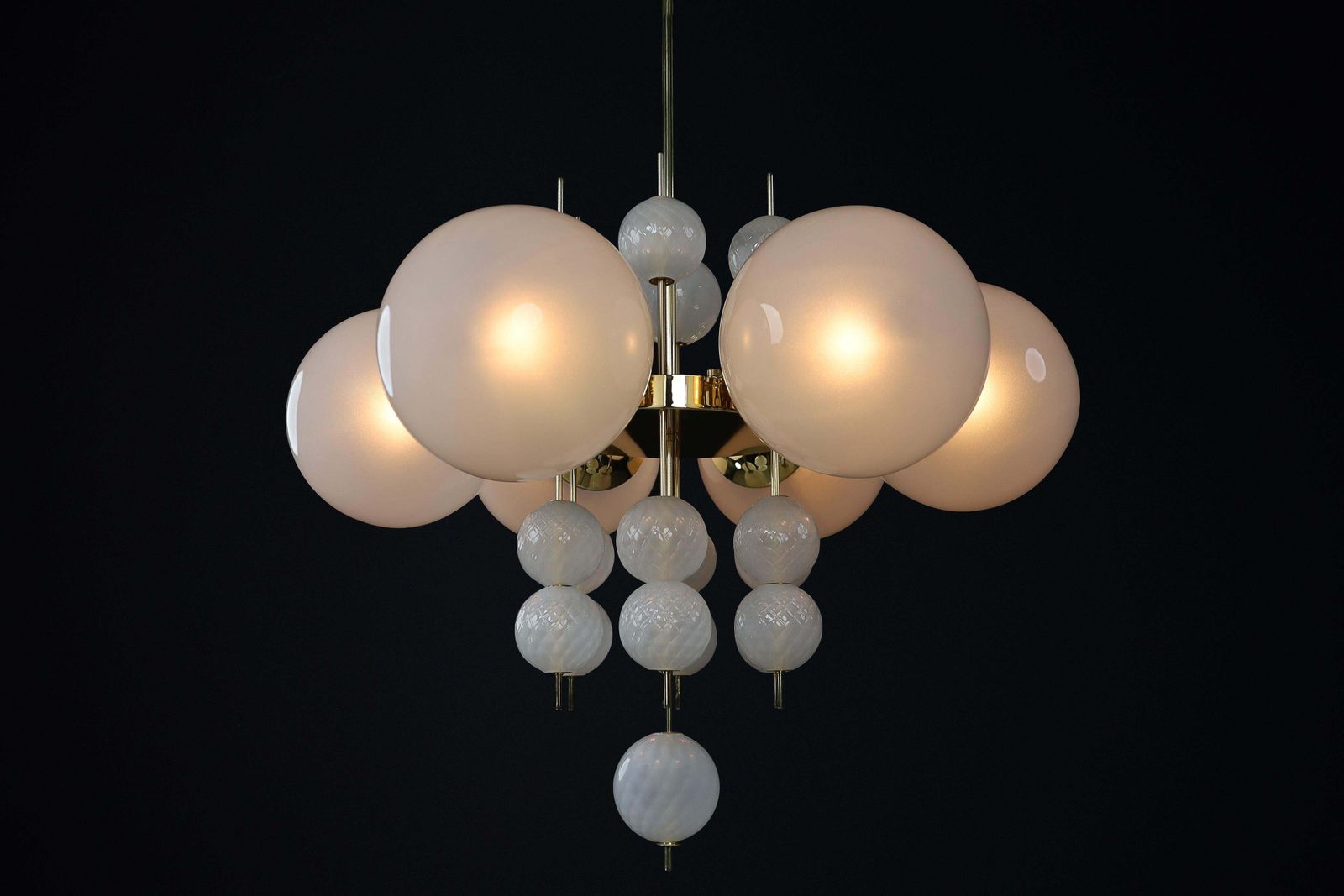 Mid Century Chandelier With Brass Fixture & Hand Blown Pearl White Glass Globes photo furniture