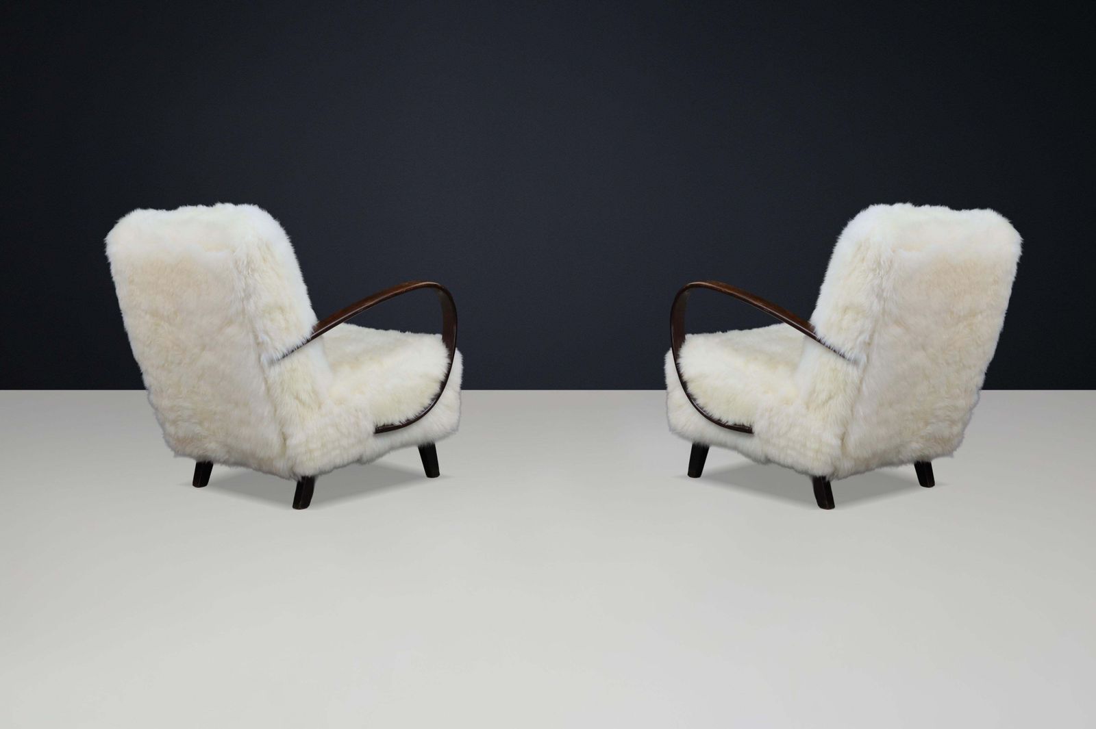 photo furniture Timeless Pair Of Jindřich Halabala Mid Century Modern Sheepskin Lounge Chairs