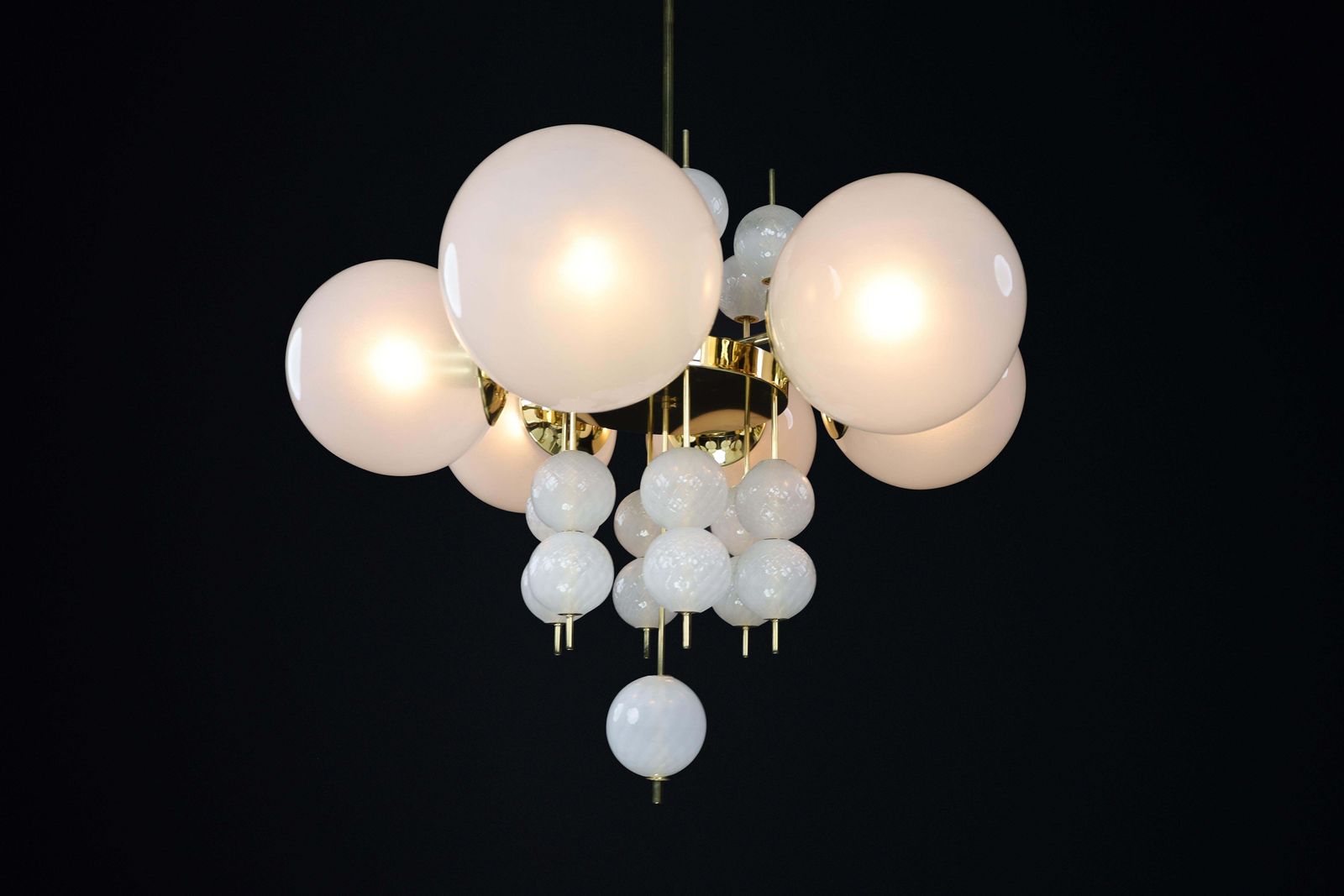 Mid Century Chandelier With Brass Fixture & Hand Blown Pearl White Glass Globes photo vinterior