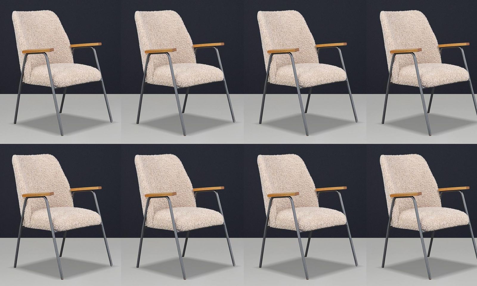 1970s German Steel And Wood Armchairs With Teddy Upholstery – Set Of 8 Available photo furniture