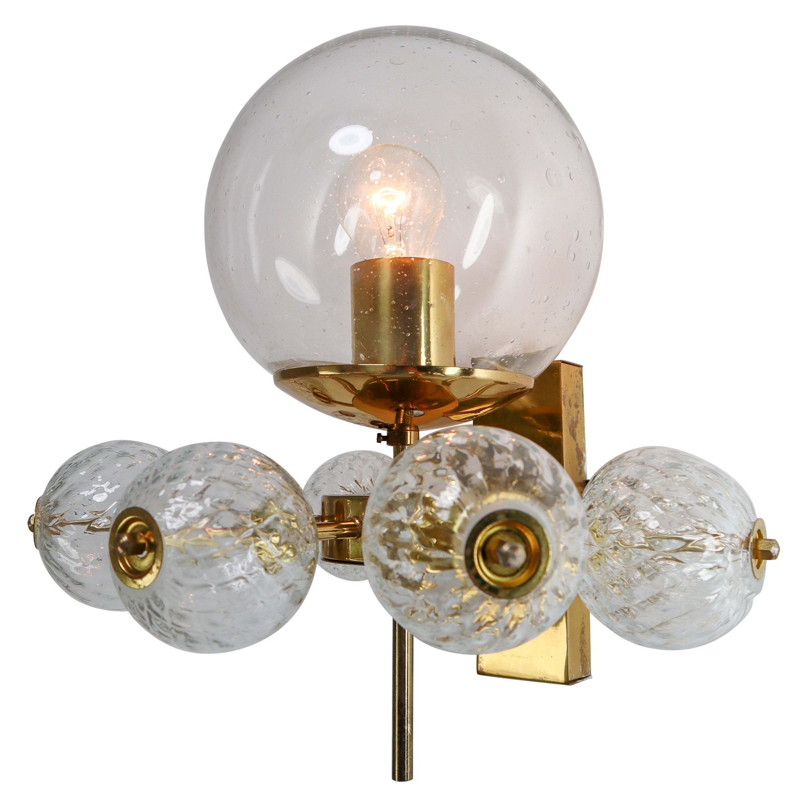 Mid Century Wall Lights With Brass Fixture & Hand Blown Glass Globes Cz 1970s