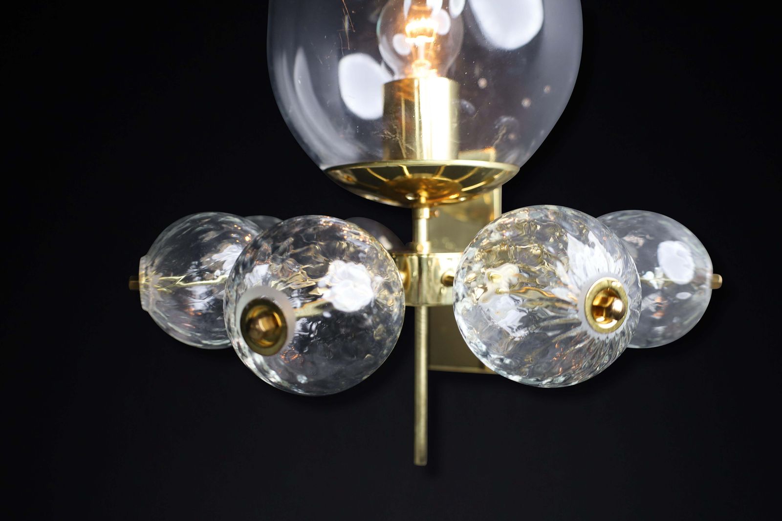 photo for sale Mid Century Wall Lights With Brass Fixture & Hand Blown Glass Globes Cz 1970s