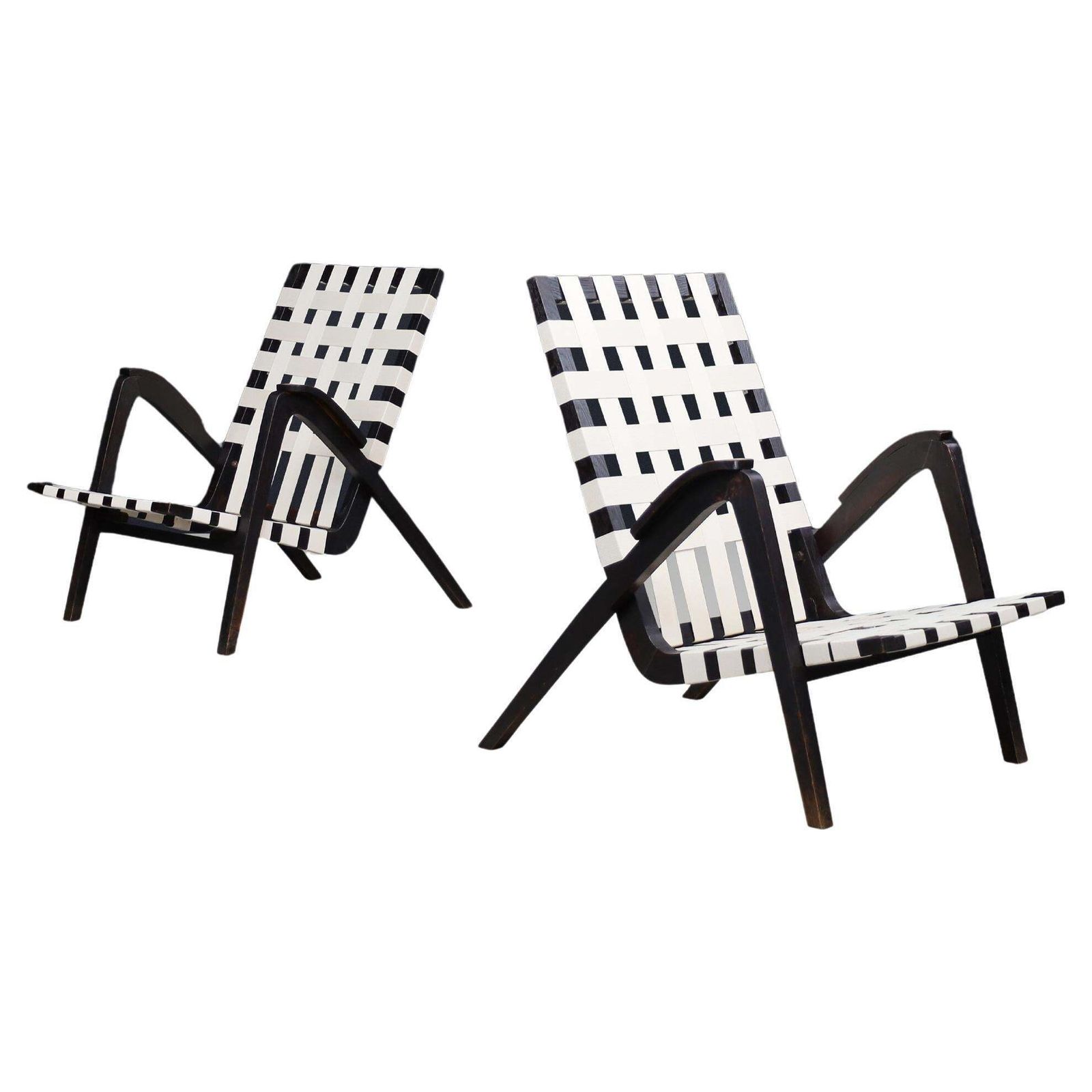 Jan Vaněk For Krásná Jizba Lounge Chairs From Oak And Canvas Czech Republic 1940