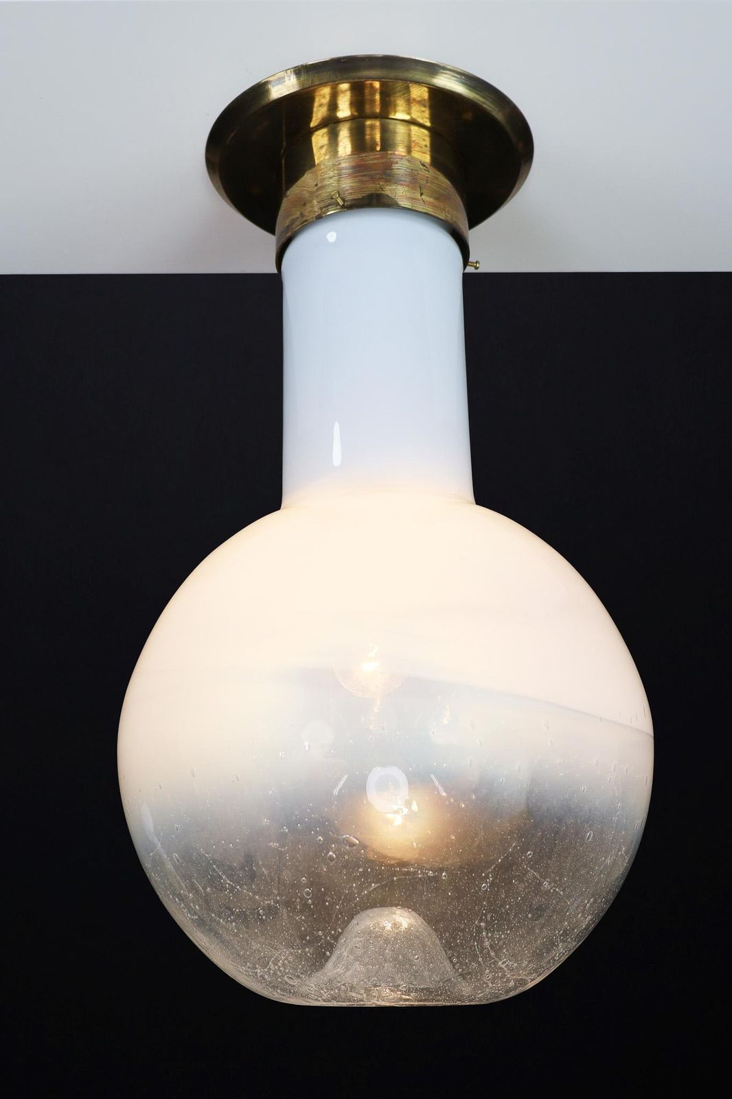 Mid Century Modern Blown Opaline Glass And Brass Chandelier, Italy 1970s photo buy