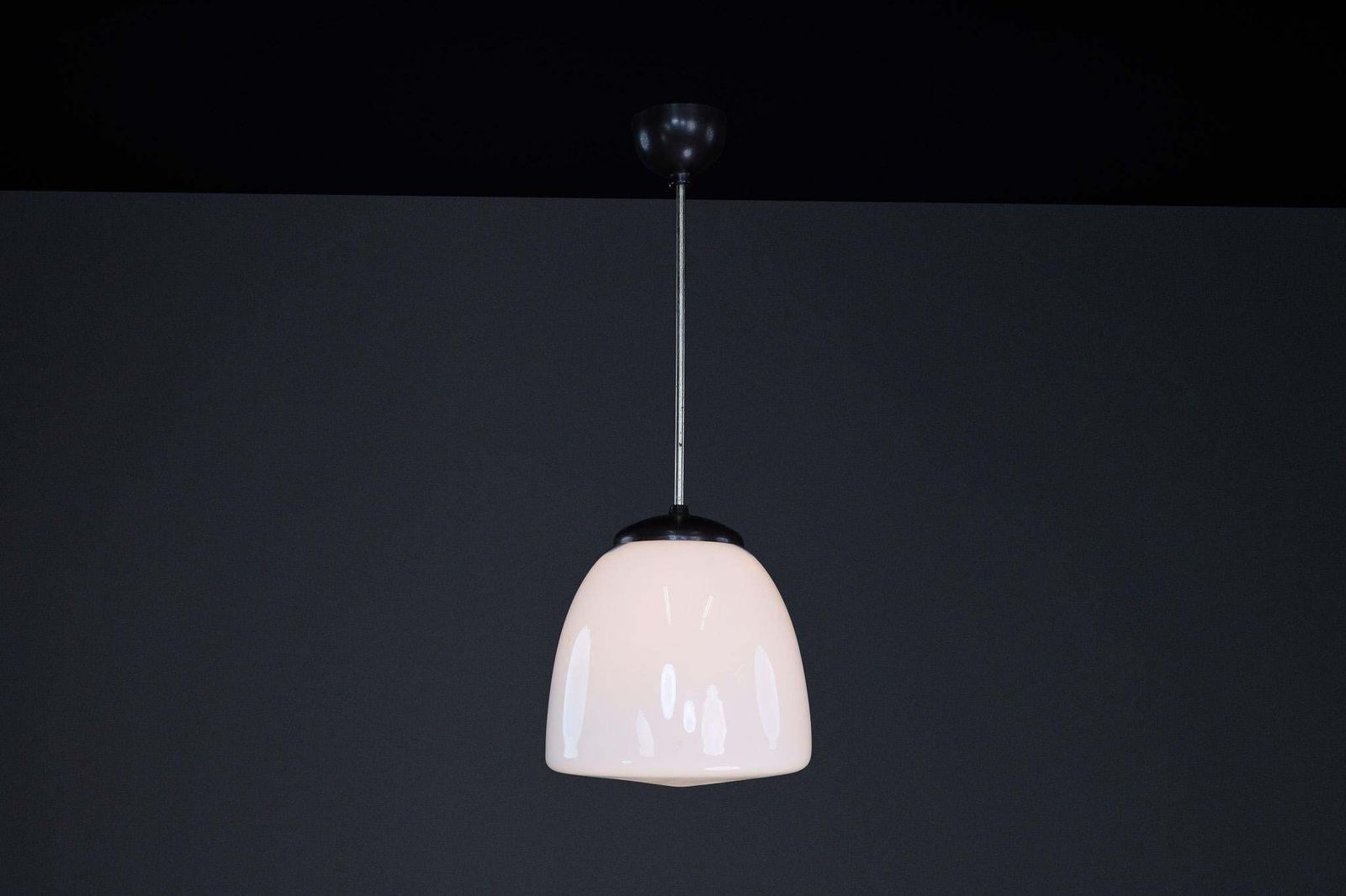 Bauhaus Opaline & Bakelite Pendant Lamp, Czech Republic 1950s photo vintage