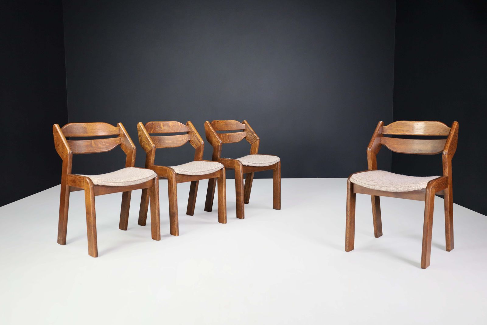 Sculptural Oak And Fabric Dining Chairs, France, 1960s photo furniture