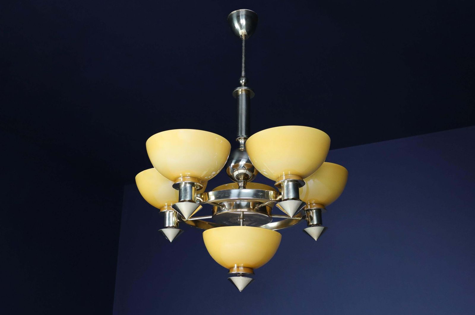Sculptural Italian Chandelier In Brass & Amber Gold Opaline Glass, 1970s 12x photo furniture