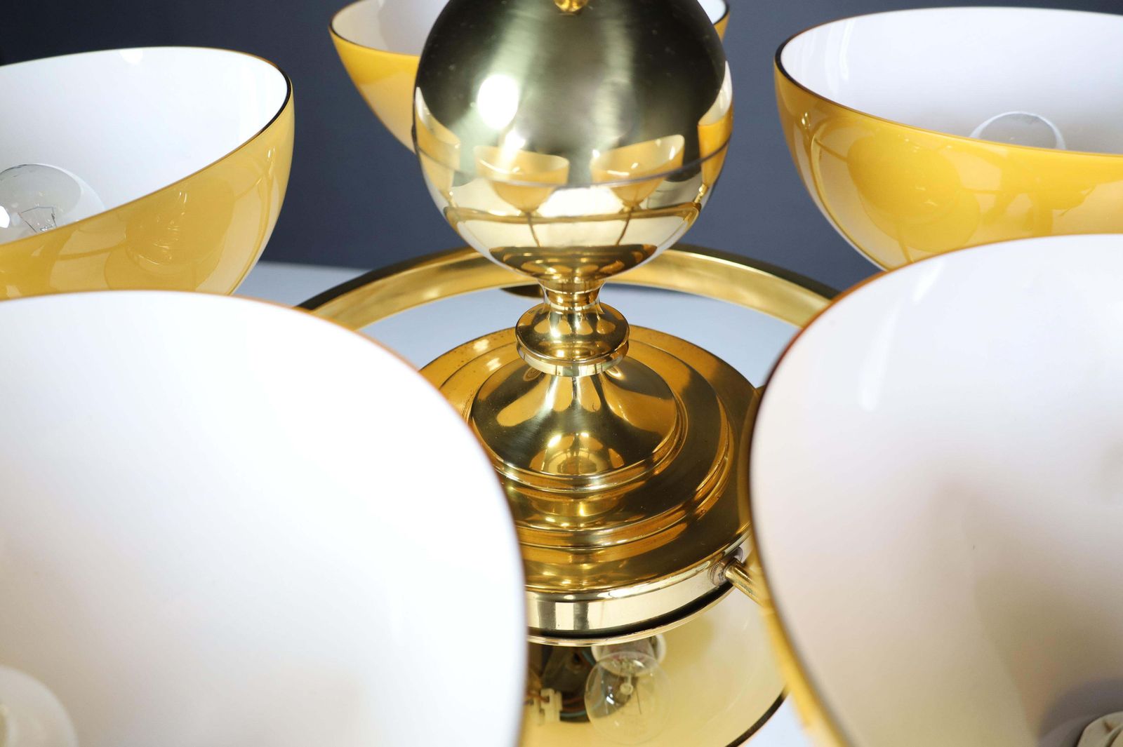 Sculptural Italian Chandelier In Brass & Amber Gold Opaline Glass, 1970s 12x photo vinterior