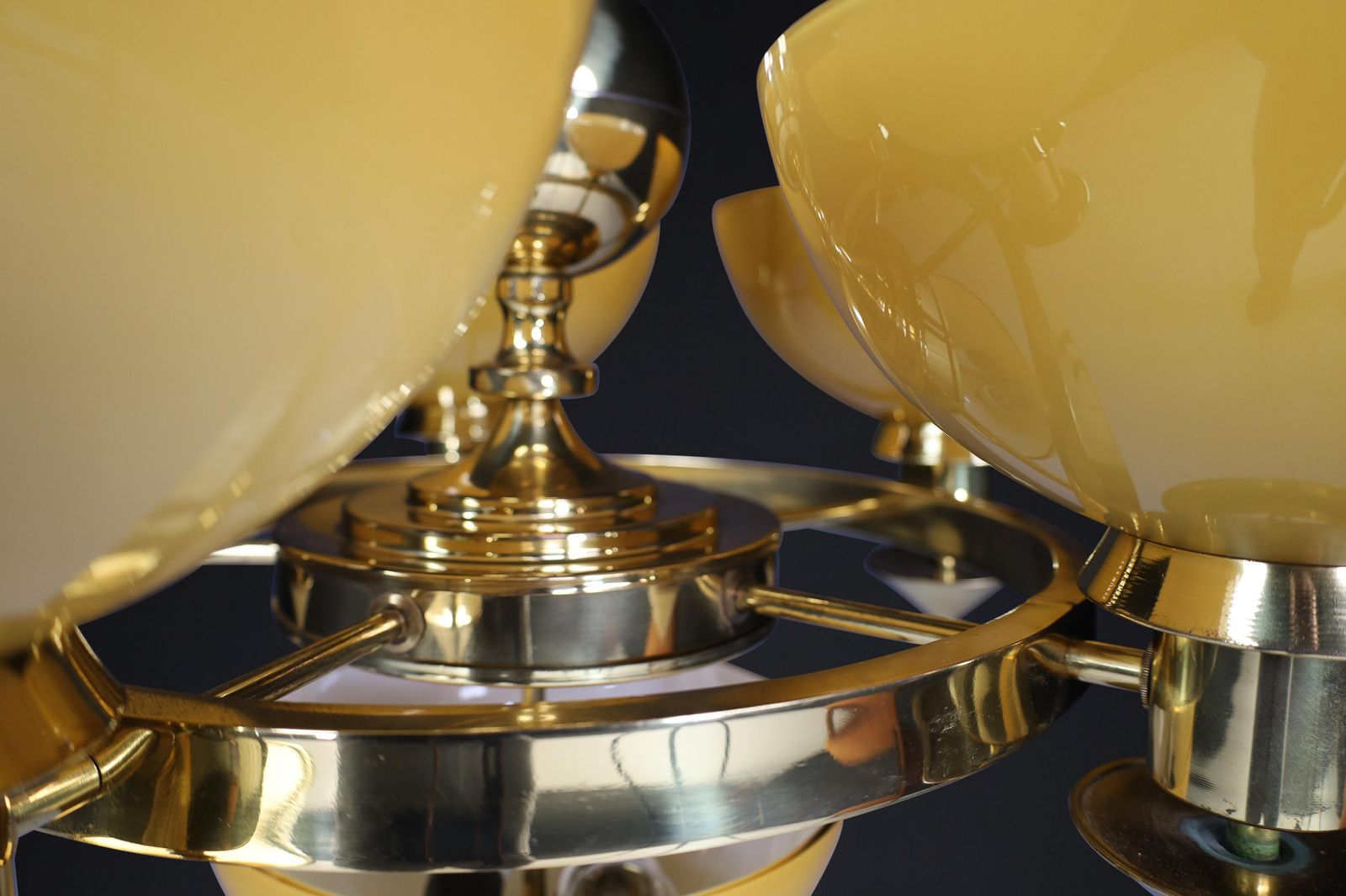 Sculptural Italian Chandelier In Brass & Amber Gold Opaline Glass, 1970s 12x photo buy