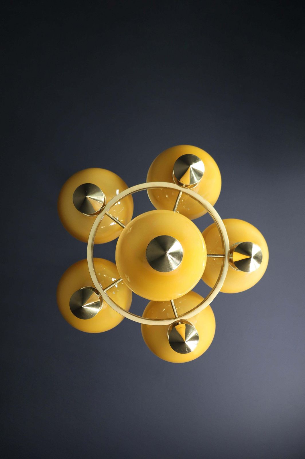 photo for sale Sculptural Italian Chandelier In Brass & Amber Gold Opaline Glass, 1970s 12x