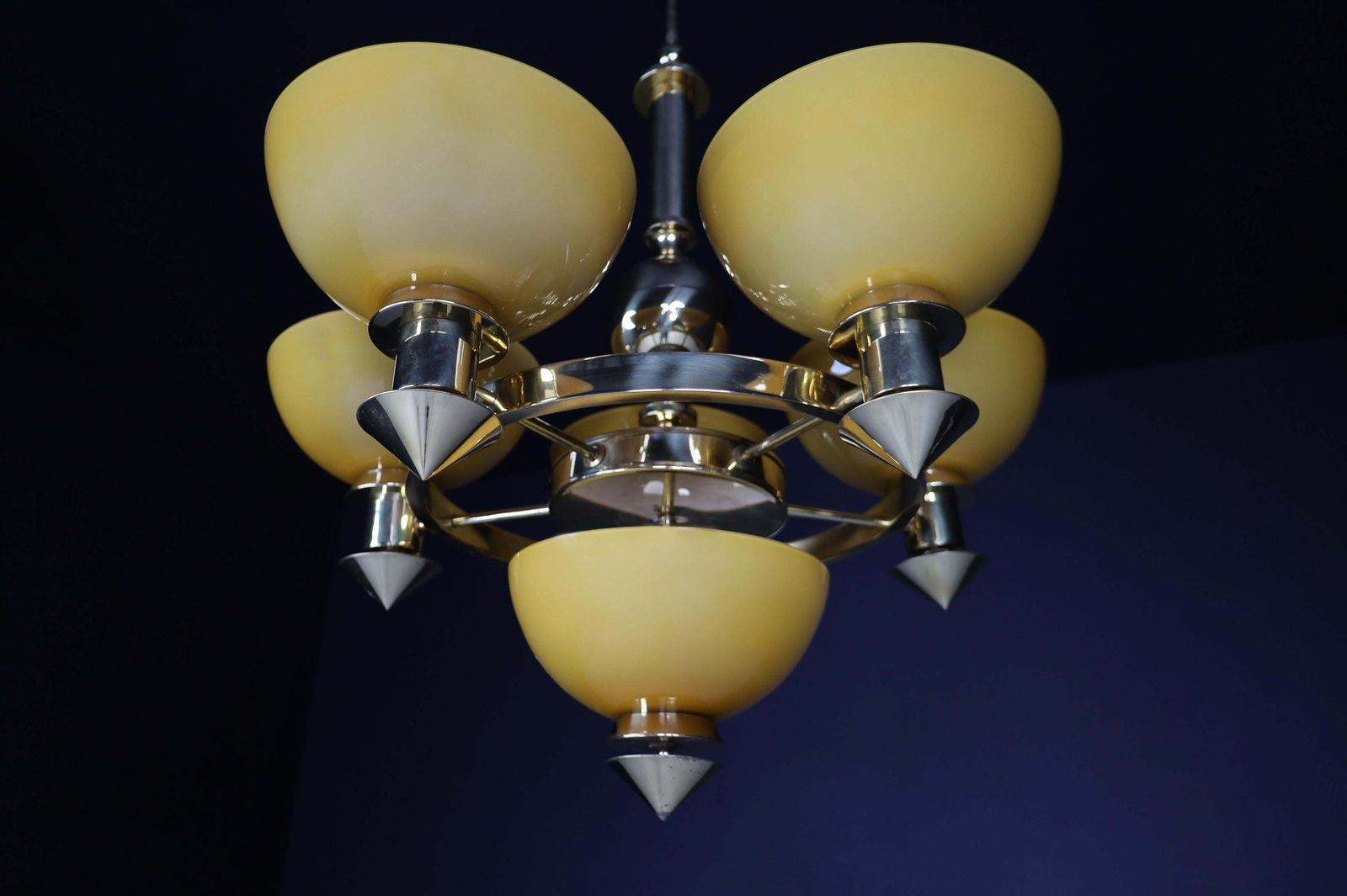 Lighting Sculptural Italian Chandelier In Brass & Amber Gold Opaline Glass, 1970s 12x photo