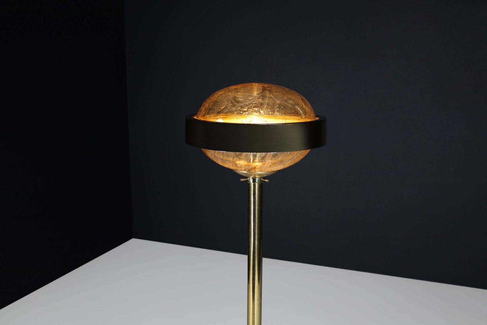 Mid Century Brass Floor Lamp With Hand Blown Glass Shade – Prague, 1960s photo vintage