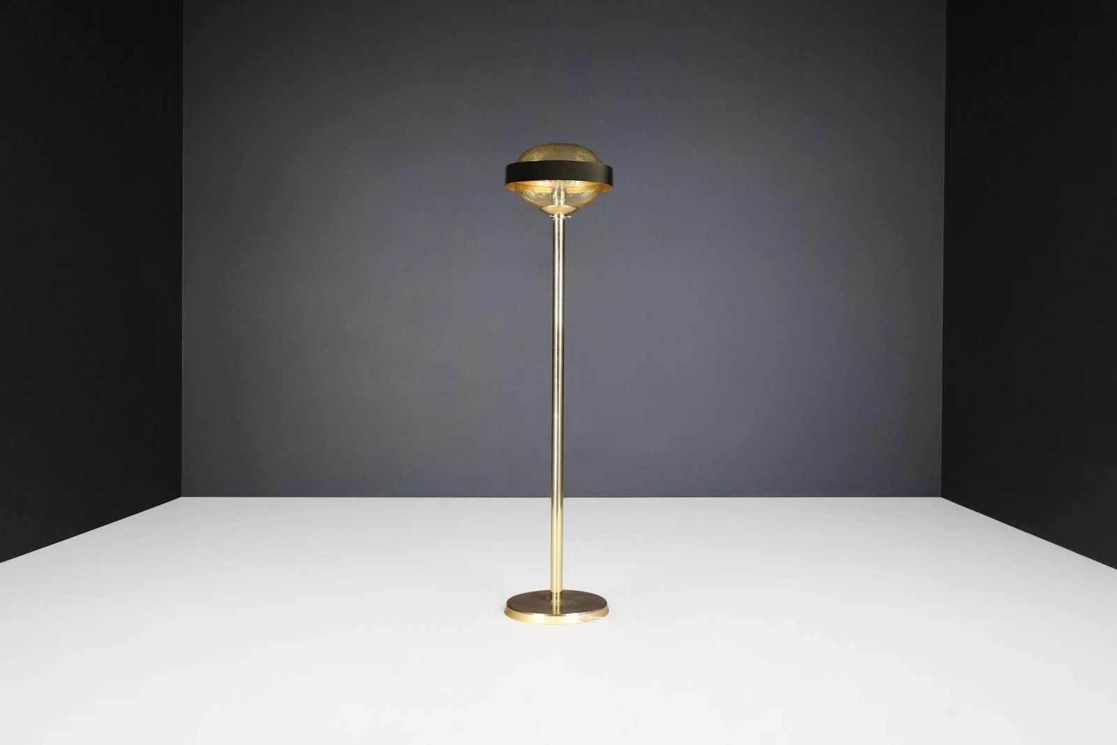 photo for sale Mid Century Brass Floor Lamp With Hand Blown Glass Shade – Prague, 1960s